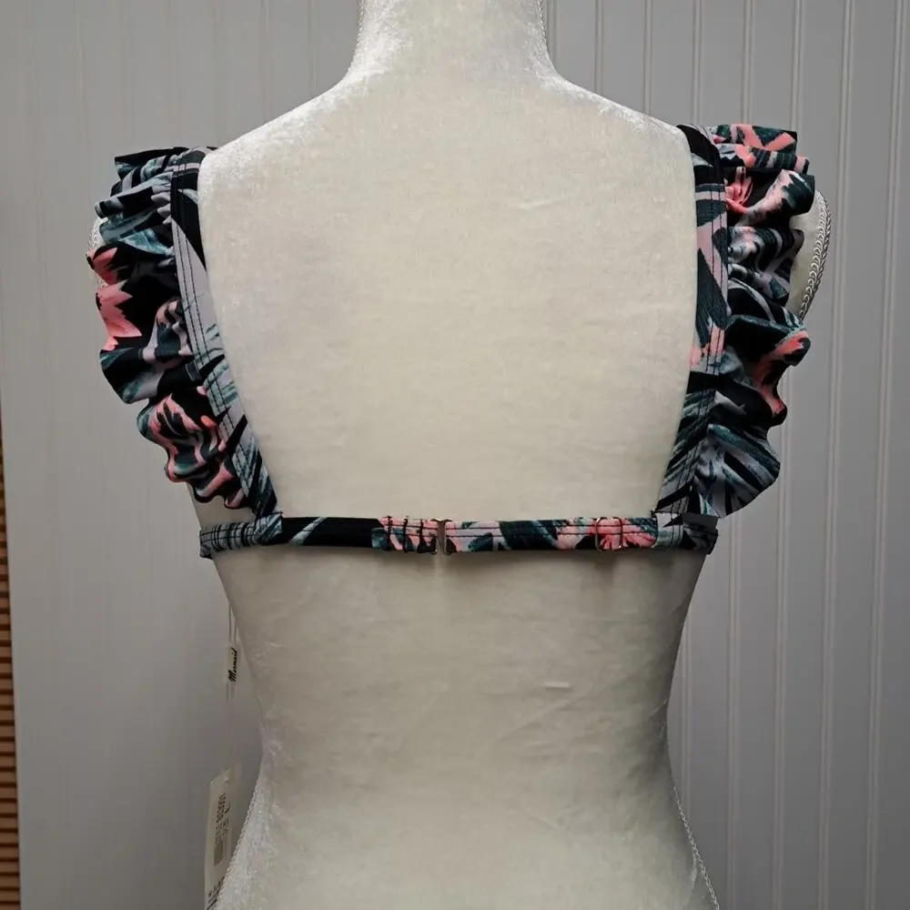 NWT Mermaid Bikini Swim Top Womens L Black Tropical Removable Pads Ruffle Straps
